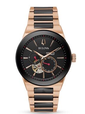 Bulova Rose Gold and Black Men's Automatic Watch with Red Accents